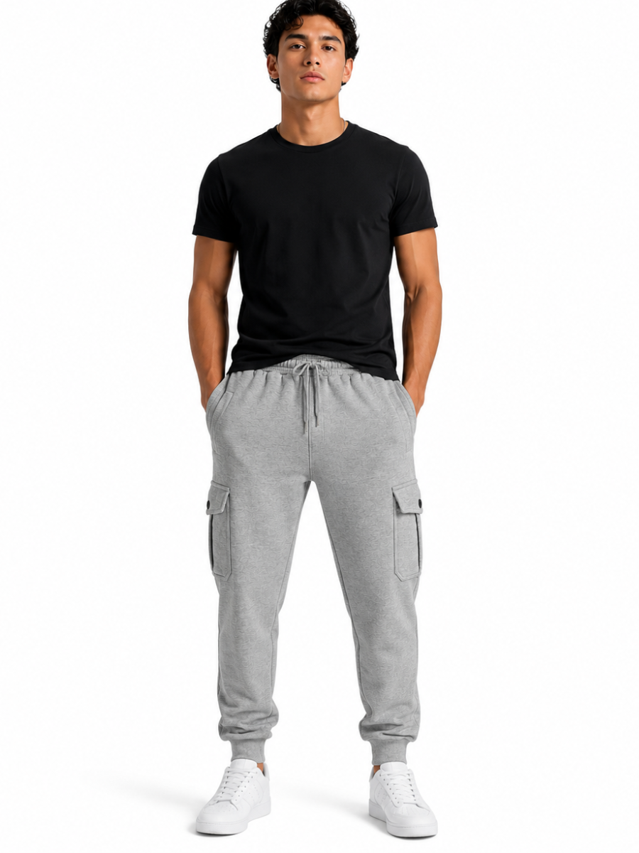 PANTALON JOGGER CARGO FRANELA HOMBRE GRIS MELANGE BOLSILLOS LATERALES ELASTICO CINTURA COMODO CASUAL - 4