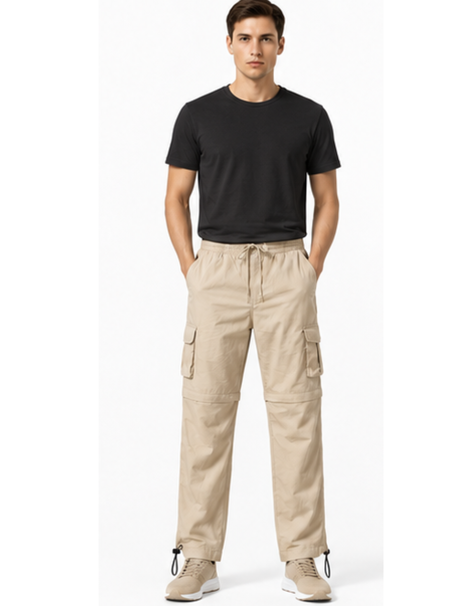 PANTALON CARGO CONVERTIBLE 2 EN 1 HOMBRE TELA MOJADA COLOR HUESO BOLSILLOS LATERALES CINTURA ELASTICA OUTDOOR TREKKING SPORT - 1