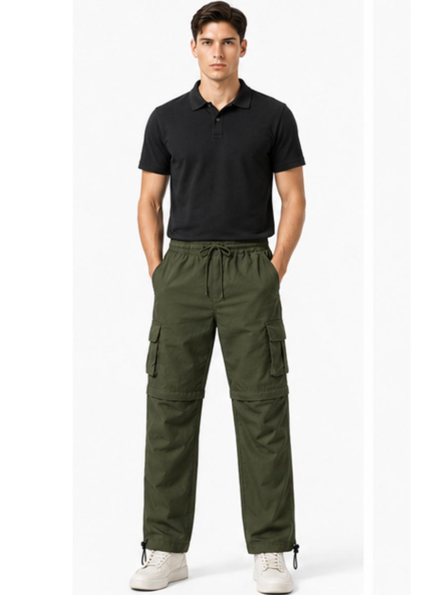 PANTALON CARGO CONVERTIBLE 2 EN 1 HOMBRE TELA MOJADA COLOR VERDE MILITAR BOLSILLOS LATERALES CINTURA ELASTICA TREKKING SPORT - 1