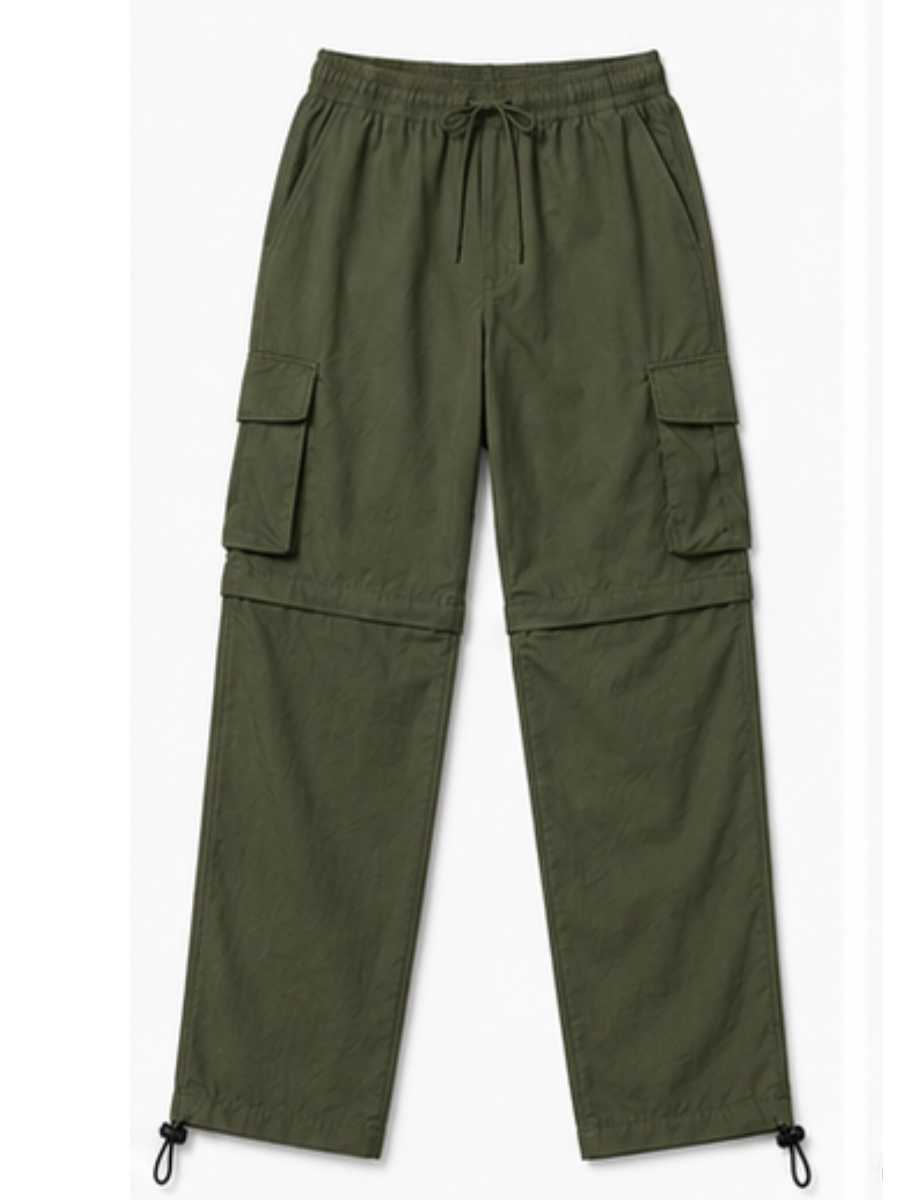 PANTALON CARGO CONVERTIBLE 2 EN 1 HOMBRE TELA MOJADA COLOR VERDE MILITAR BOLSILLOS LATERALES CINTURA ELASTICA TREKKING SPORT - 6