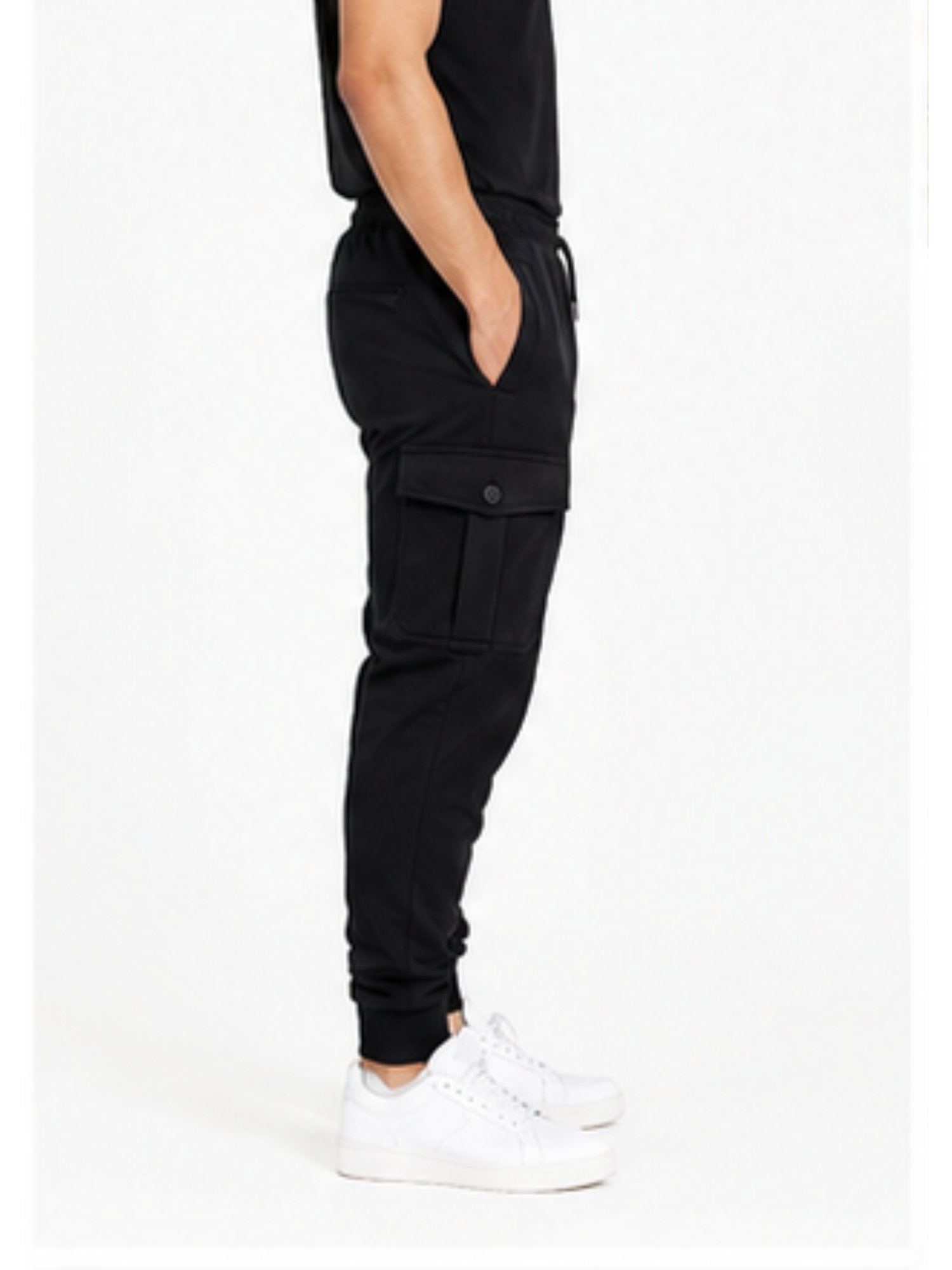 JOGGER CARGO FRANELA HOMBRE COLOR NEGRO PUÑO RIB BOLSILLOS LATERALES CINTURA ELÁSTICA CÓMODO SPORT - 4
