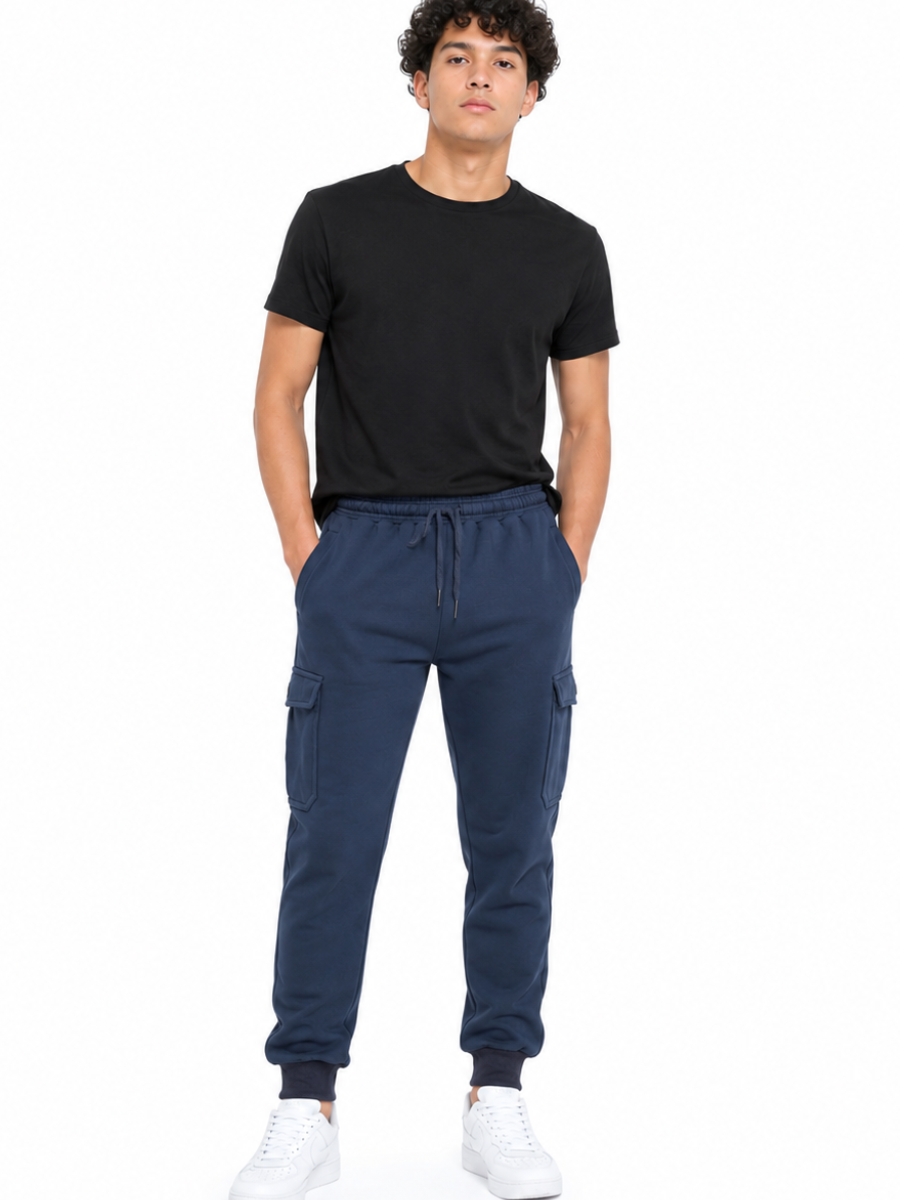 JOGGER CARGO FRANELA HOMBRE COLOR DENIM PUÑO RIB BOLSILLOS LATERALES CINTURA ELÁSTICA CÓMODO SPORT - 1