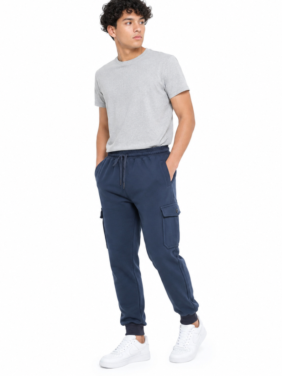 JOGGER CARGO FRANELA HOMBRE COLOR DENIM PUÑO RIB BOLSILLOS LATERALES CINTURA ELÁSTICA CÓMODO SPORT - 4