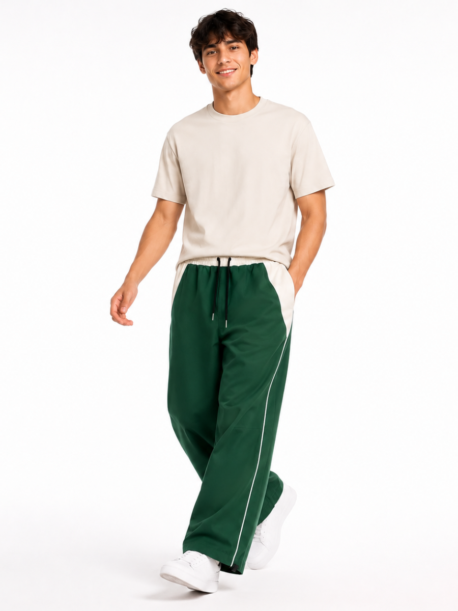 PANTALON BICOLOR TELA NOVA VERDE HOMBRE CORTE WIDE LEG CINTURA ELASTICA CORDONES AJUSTABLES MODA URBANA CASUAL BOLSILLOS - 1
