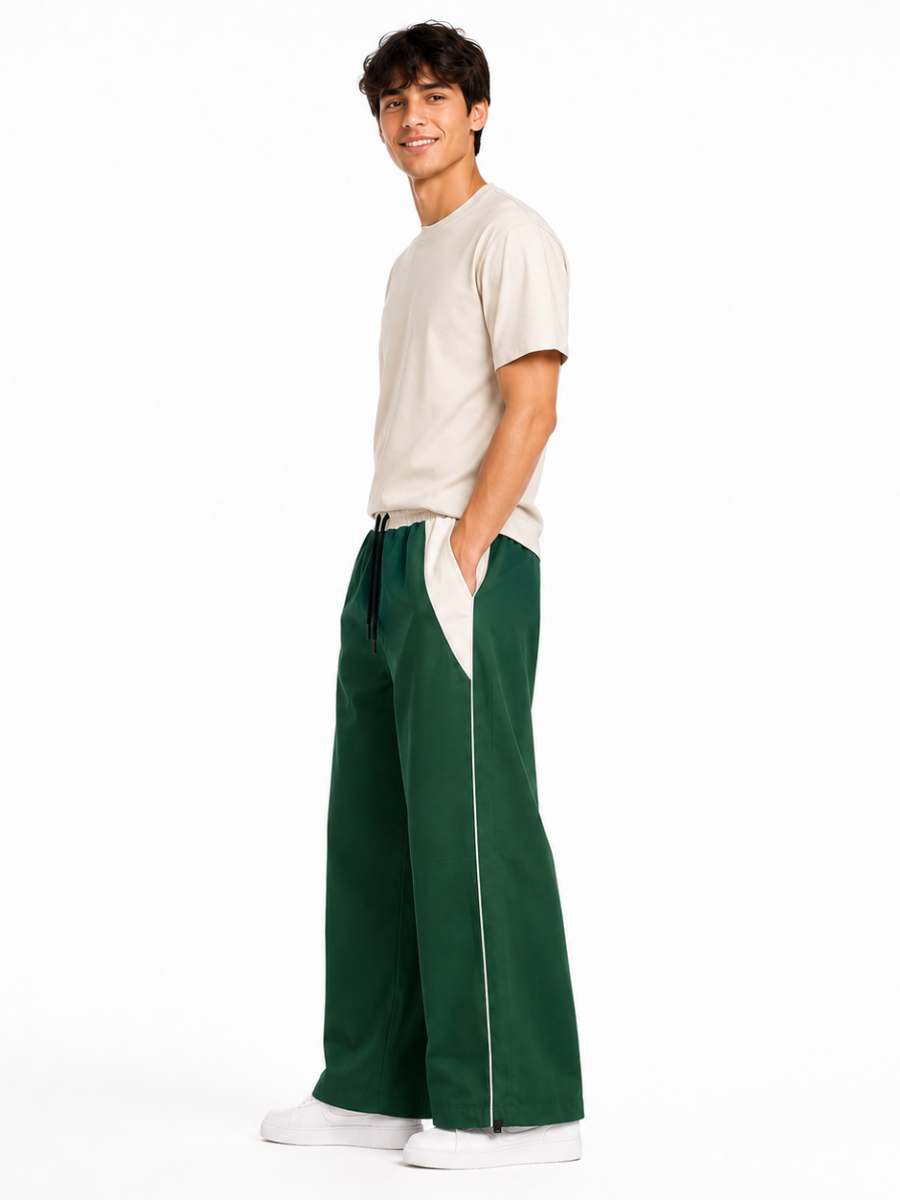 PANTALON BICOLOR TELA NOVA VERDE HOMBRE CORTE WIDE LEG CINTURA ELASTICA CORDONES AJUSTABLES MODA URBANA CASUAL BOLSILLOS - 3