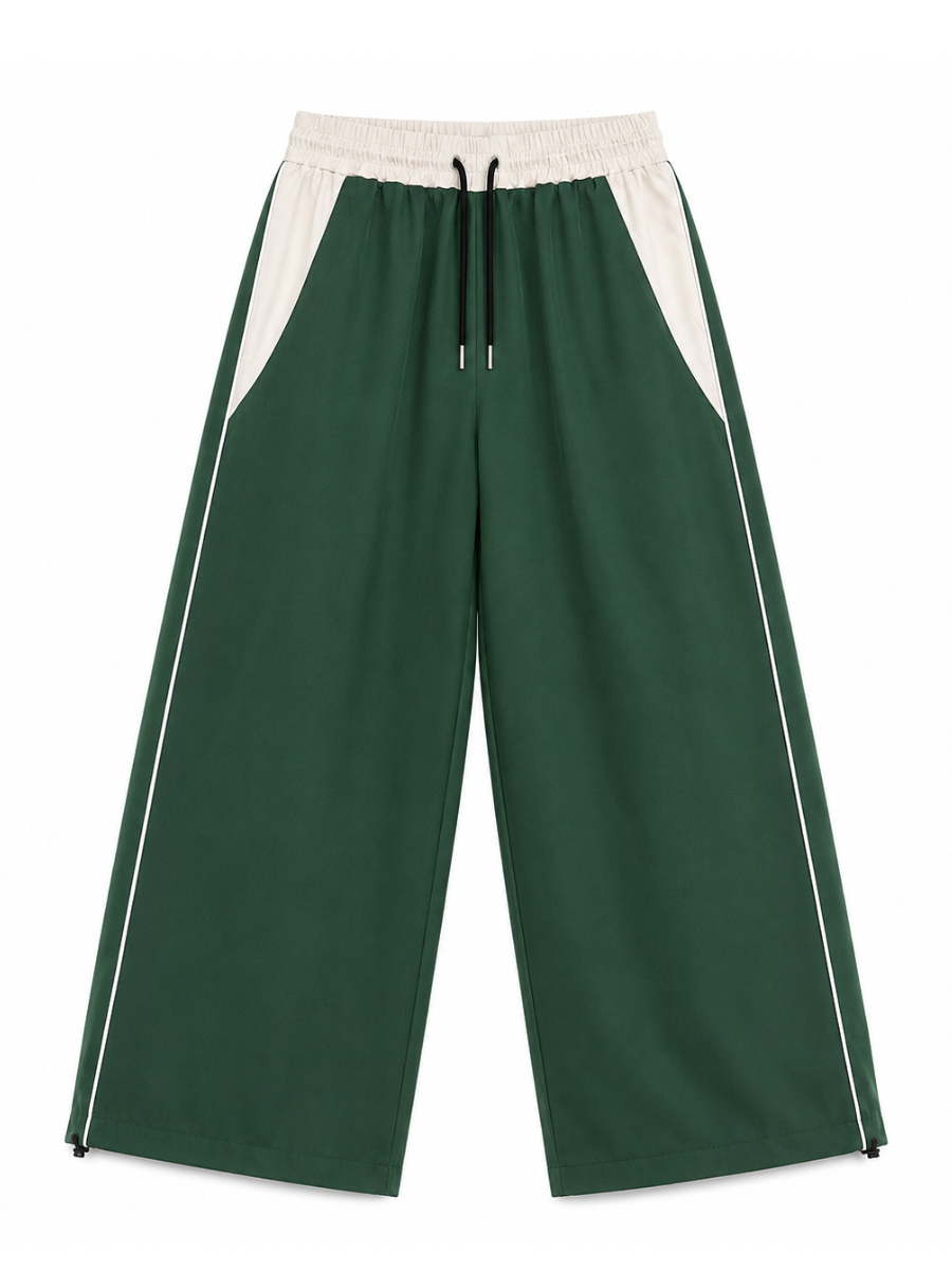 PANTALON BICOLOR TELA NOVA VERDE HOMBRE CORTE WIDE LEG CINTURA ELASTICA CORDONES AJUSTABLES MODA URBANA CASUAL BOLSILLOS - 4