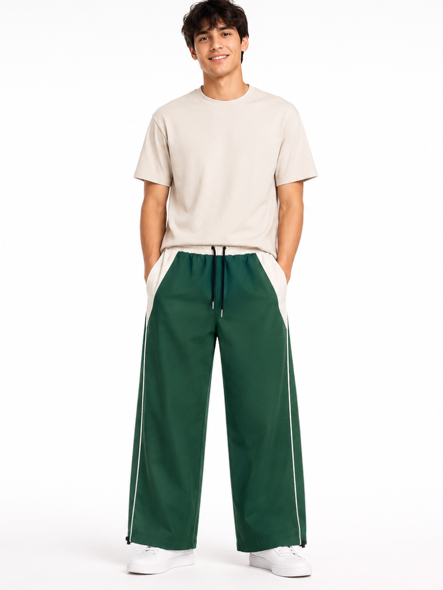 PANTALON BICOLOR TELA NOVA VERDE HOMBRE CORTE WIDE LEG CINTURA ELASTICA CORDONES AJUSTABLES MODA URBANA CASUAL BOLSILLOS - 5