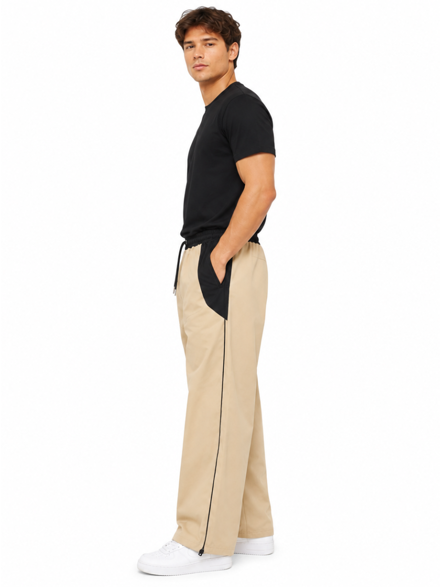 PANTALON BICOLOR TELA NOVA BEIGE HOMBRE CORTE WIDE LEG CINTURA ELASTICA CORDONES AJUSTABLES MODA URBANA CASUAL BOLSILLOS - 3
