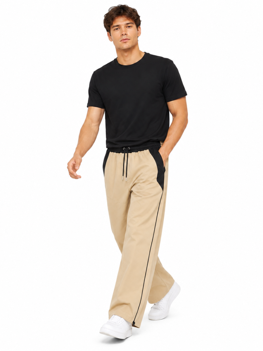 PANTALON BICOLOR TELA NOVA BEIGE HOMBRE CORTE WIDE LEG CINTURA ELASTICA CORDONES AJUSTABLES MODA URBANA CASUAL BOLSILLOS - 4