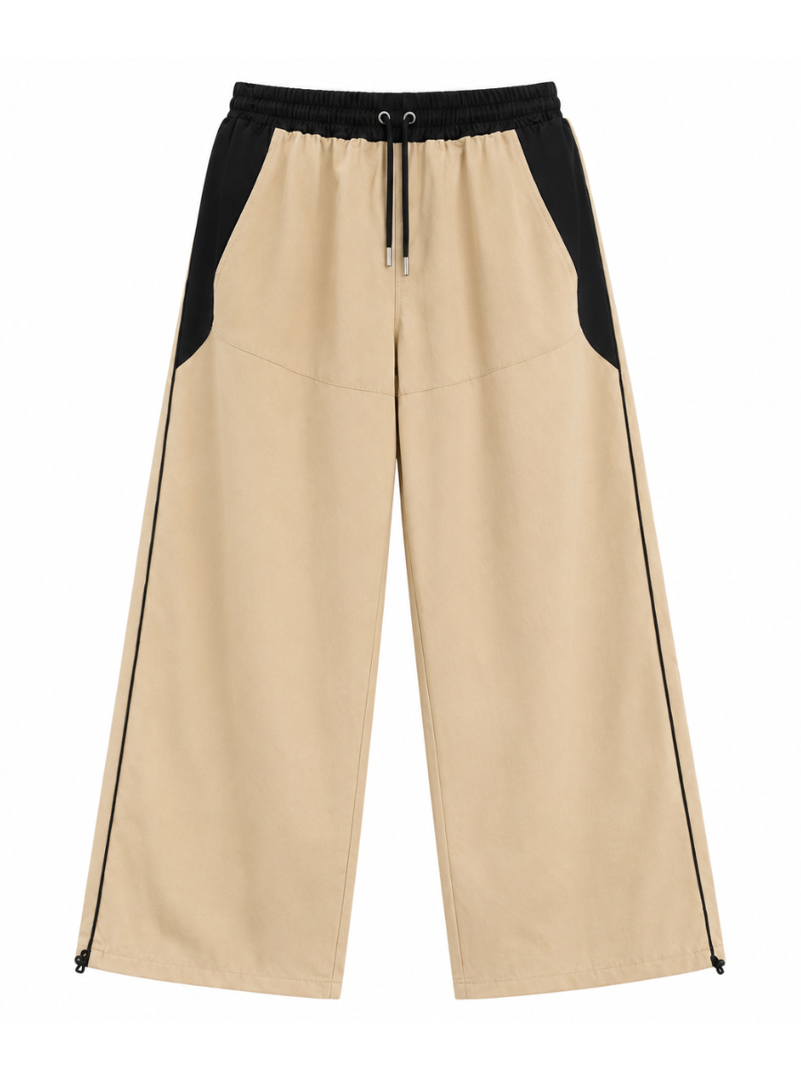 PANTALON BICOLOR TELA NOVA BEIGE HOMBRE CORTE WIDE LEG CINTURA ELASTICA CORDONES AJUSTABLES MODA URBANA CASUAL  BOLSILLOS - 5