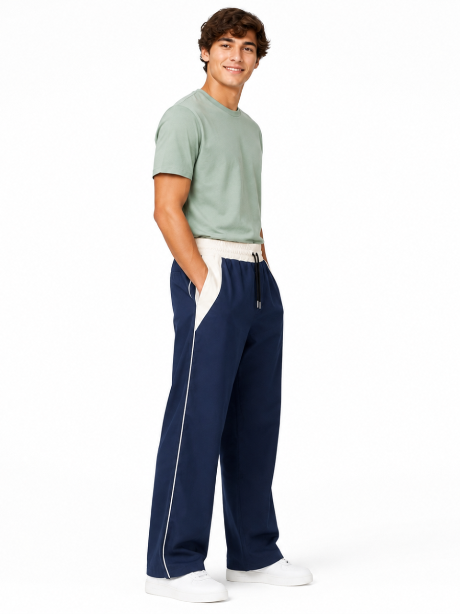 PANTALON BICOLOR TELA NOVA AZUL MARINO HOMBRE WIDE LEG CINTURA ELASTICA CORDONES AJUSTABLES MODA URBANA CASUAL BOLSILLOS - 1