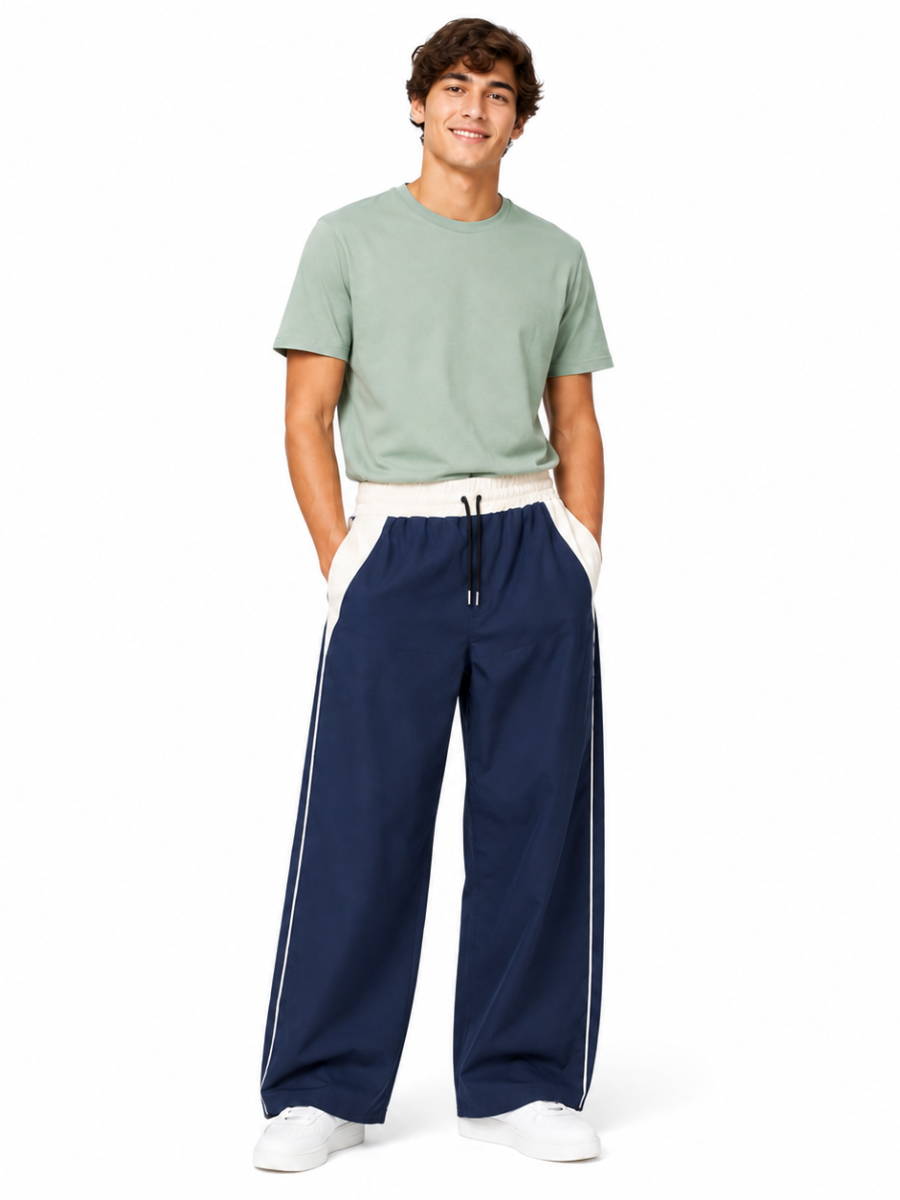 PANTALON BICOLOR TELA NOVA AZUL MARINO HOMBRE WIDE LEG CINTURA ELASTICA CORDONES AJUSTABLES MODA URBANA CASUAL BOLSILLOS - 3
