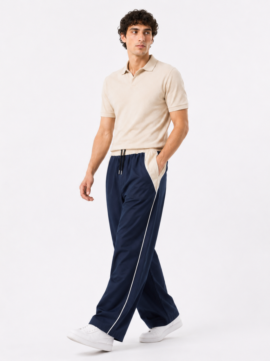 PANTALON BICOLOR TELA NOVA AZUL MARINO HOMBRE WIDE LEG CINTURA ELASTICA CORDONES AJUSTABLES MODA URBANA CASUAL BOLSILLOS - 4