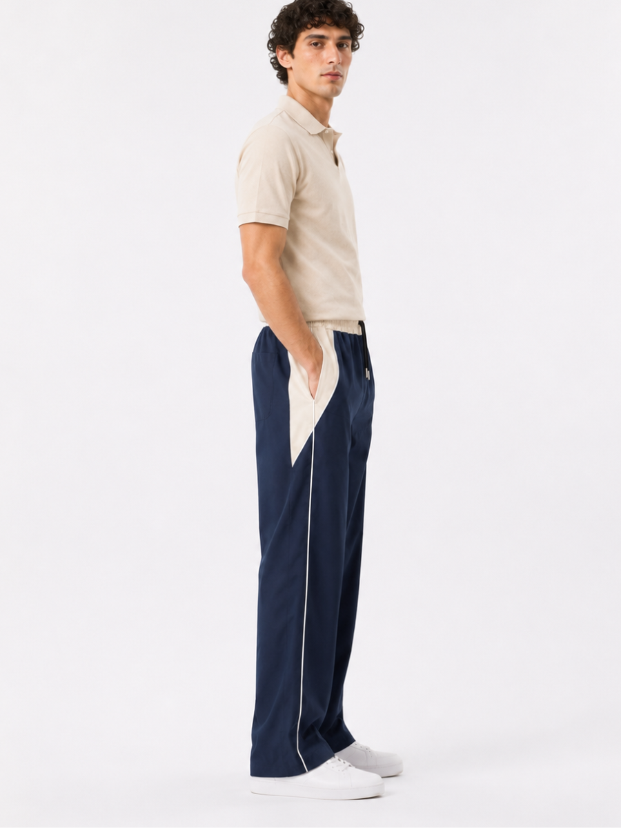 PANTALON BICOLOR TELA NOVA AZUL MARINO HOMBRE WIDE LEG CINTURA ELASTICA CORDONES AJUSTABLES MODA URBANA CASUAL BOLSILLOS - 5