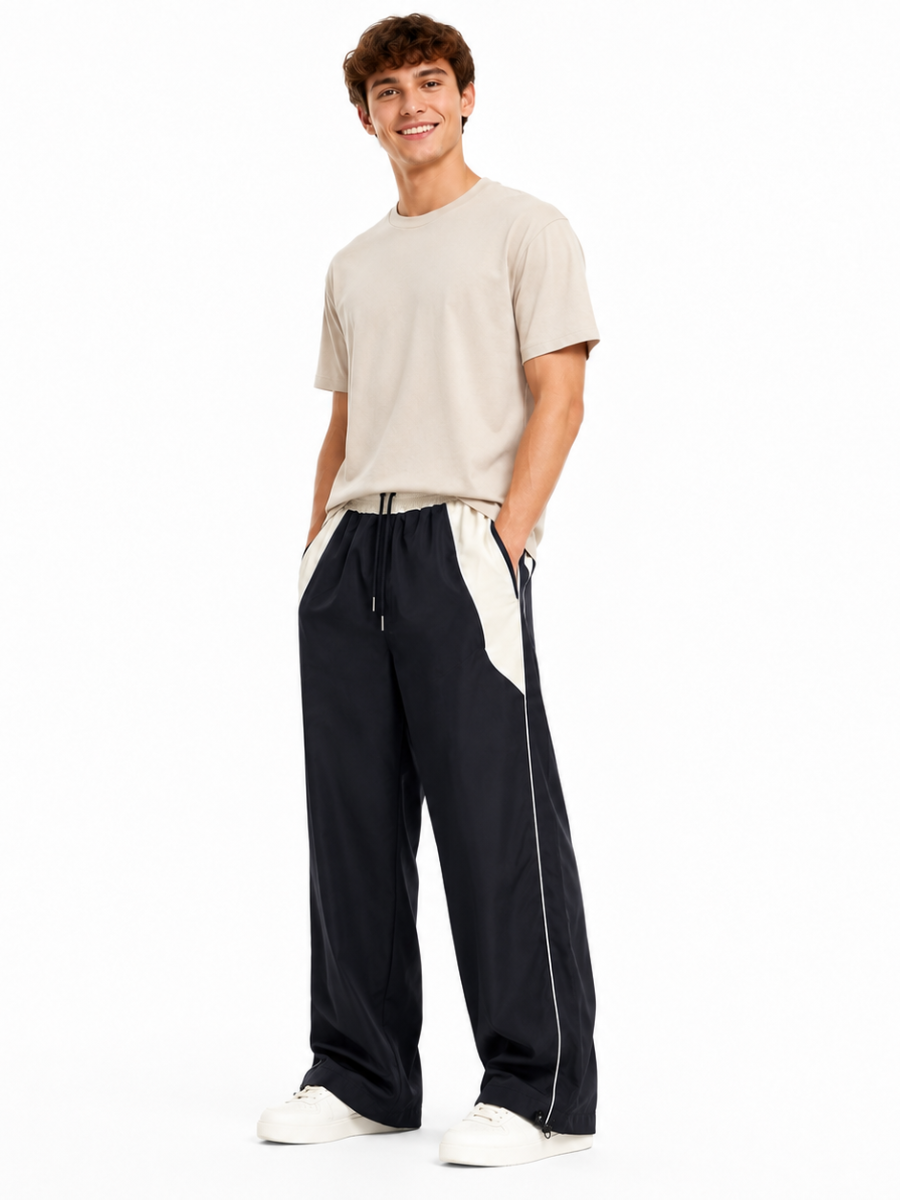PANTALON BICOLOR TELA NOVA NEGRO HOMBRE CORTE WIDE LEG CINTURA ELASTICA CORDONES AJUSTABLES MODA URBANA CASUAL BOLSILLOS - 1