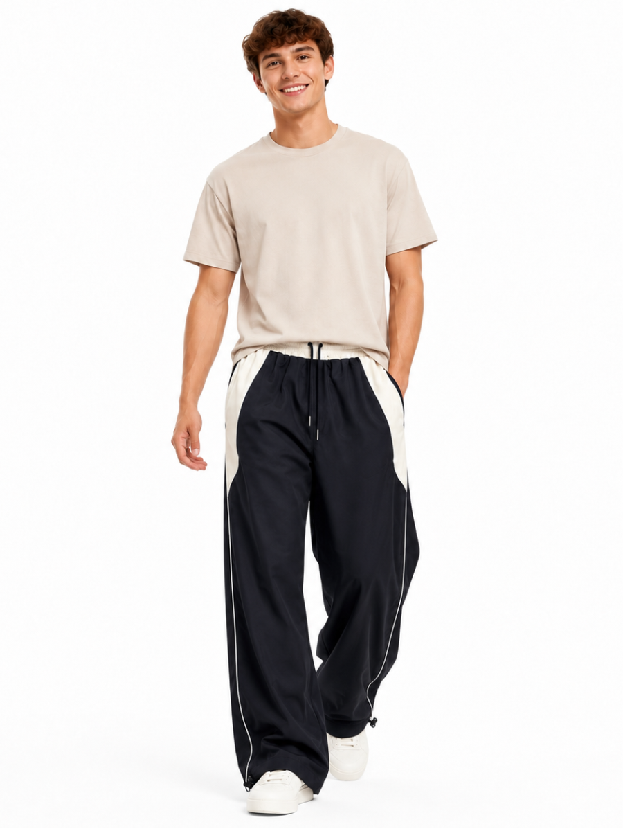 PANTALON BICOLOR TELA NOVA NEGRO HOMBRE CORTE WIDE LEG CINTURA ELASTICA CORDONES AJUSTABLES MODA URBANA CASUAL  BOLSILLOS - 3