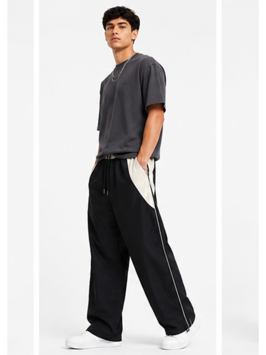 PANTALON BICOLOR TELA NOVA NEGRO HOMBRE CORTE WIDE LEG CINTURA ELASTICA CORDONES AJUSTABLES MODA URBANA CASUAL BOLSILLOS - 4