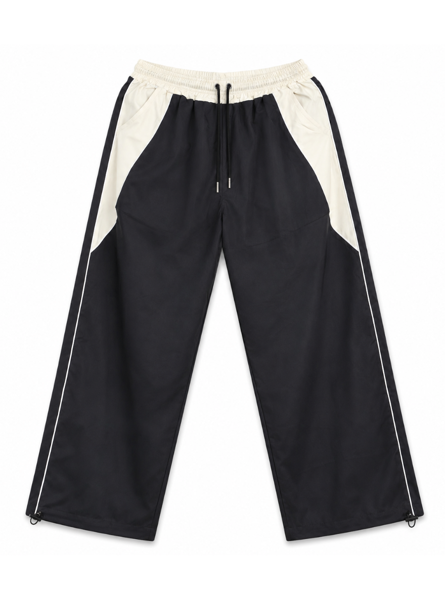 PANTALON BICOLOR TELA NOVA NEGRO HOMBRE CORTE WIDE LEG CINTURA ELASTICA CORDONES AJUSTABLES MODA URBANA CASUAL BOLSILLOS - 5