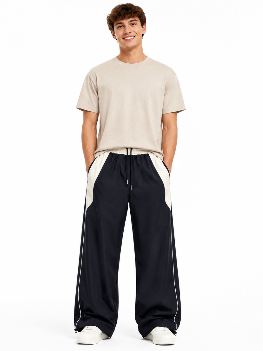PANTALON BICOLOR TELA NOVA NEGRO HOMBRE CORTE WIDE LEG CINTURA ELASTICA CORDONES AJUSTABLES MODA URBANA CASUAL BOLSILLOS - 6