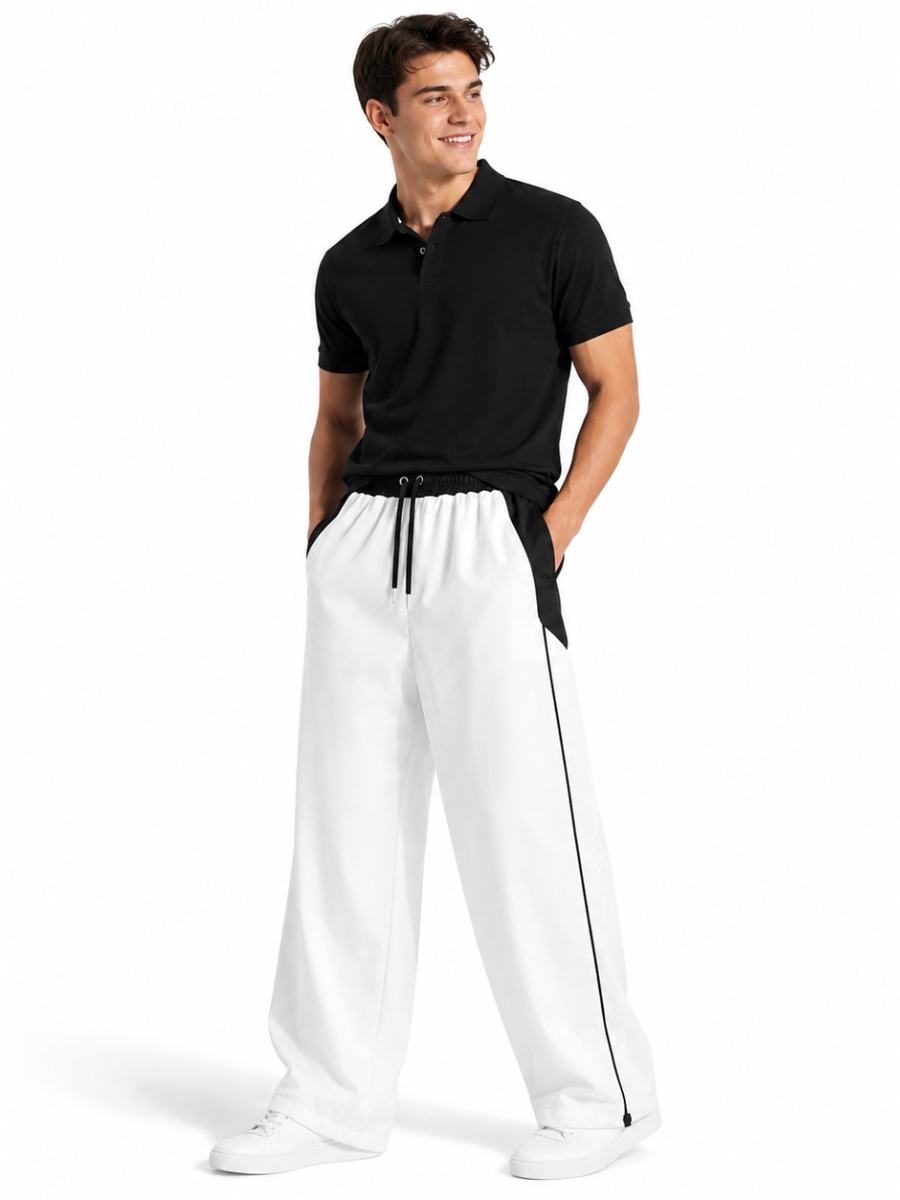 PANTALON BICOLOR TELA NOVA BLANCO HOMBRE WIDE LEG CINTURA ELASTICA CORDONES AJUSTABLES MODA URBANA CASUAL 2024 BOLSILLOS NOVA - 1