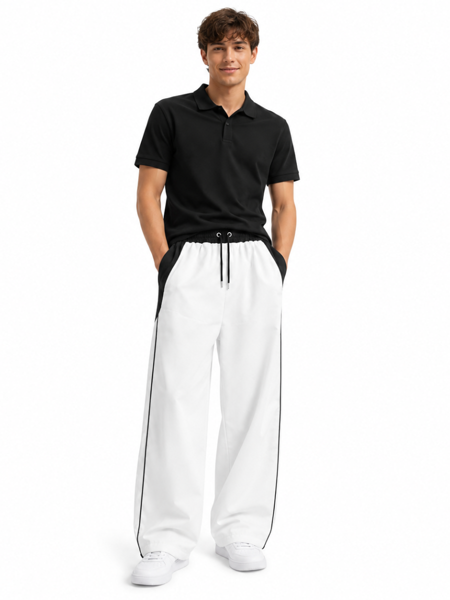 PANTALON BICOLOR TELA NOVA BLANCO HOMBRE WIDE LEG CINTURA ELASTICA CORDONES AJUSTABLES MODA URBANA CASUAL 2024 BOLSILLOS NOVA - 3