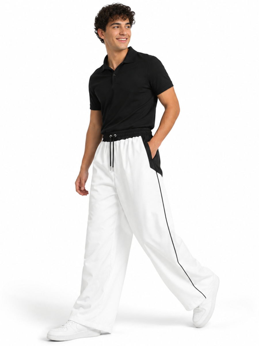 PANTALON BICOLOR TELA NOVA BLANCO HOMBRE WIDE LEG CINTURA ELASTICA CORDONES AJUSTABLES MODA URBANA CASUAL 2024 BOLSILLOS NOVA - 4