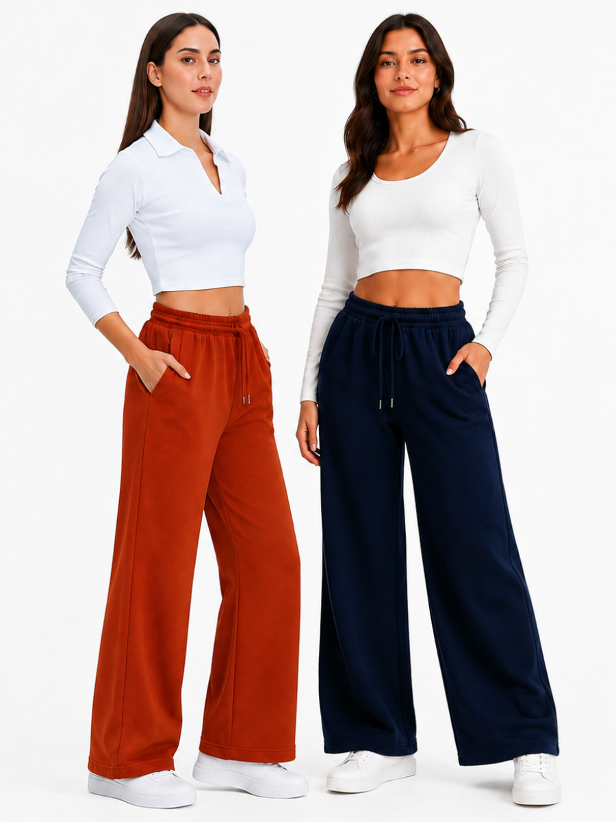 PACK X2 PANTALONES PALAZZO DE FRANELA PARA MUJER ESTILO CASUAL ANCHO AZUL Y LACRE - 1