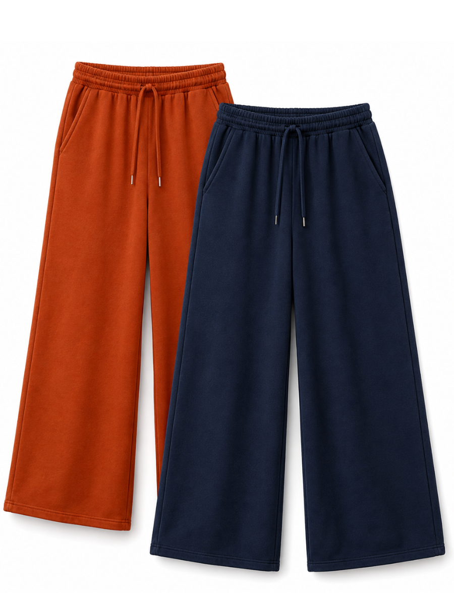 PACK X2 PANTALONES PALAZZO DE FRANELA PARA MUJER ESTILO CASUAL ANCHO AZUL Y LACRE - 2