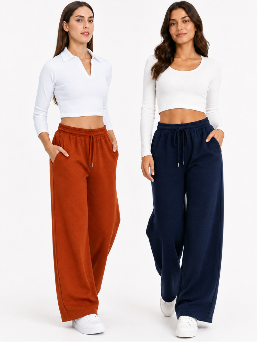 PACK X2 PANTALONES PALAZZO DE FRANELA PARA MUJER ESTILO CASUAL ANCHO AZUL Y LACRE - 3