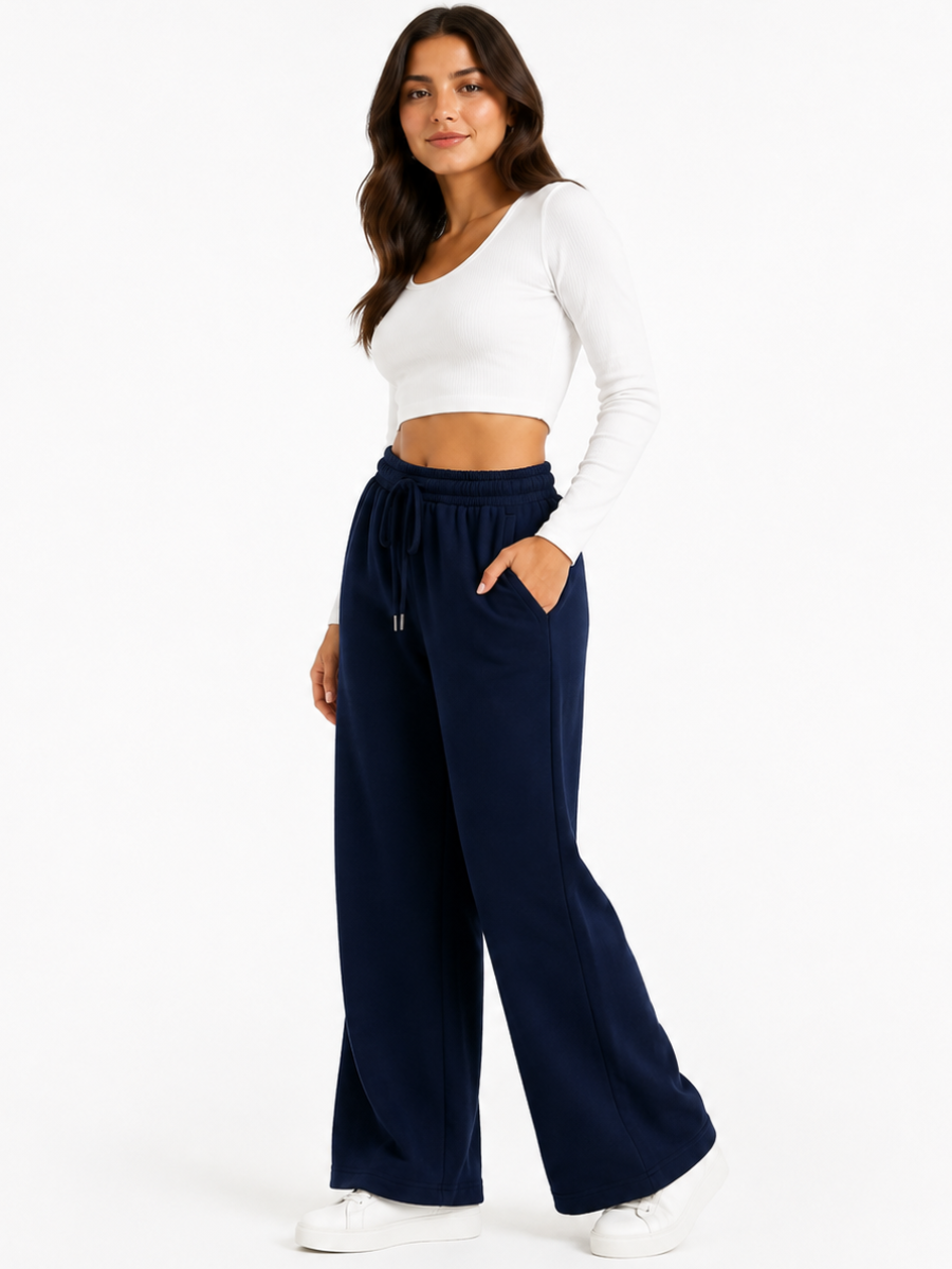 PACK X2 PANTALONES PALAZZO DE FRANELA PARA MUJER ESTILO CASUAL ANCHO AZUL Y LACRE - 7