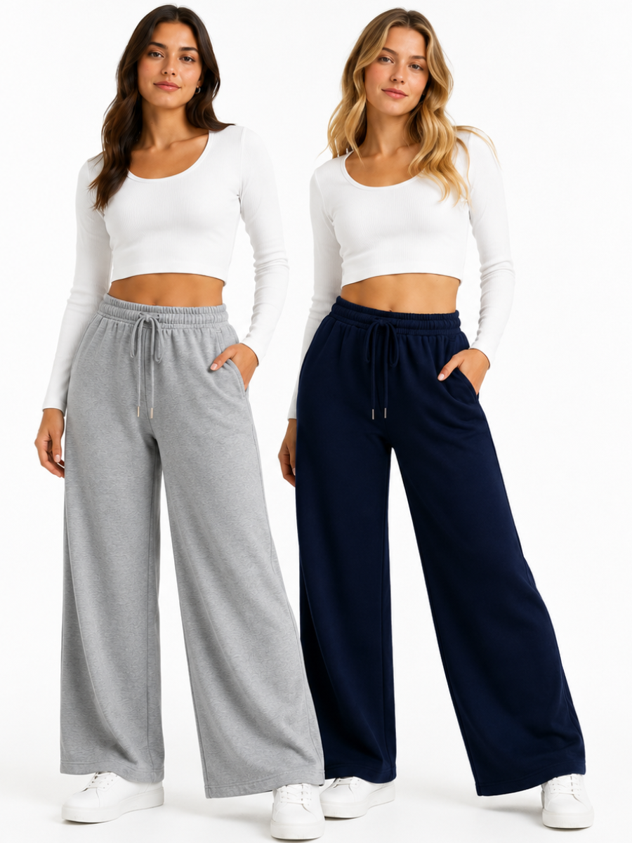 PACK X2 PANTALONES PALAZZO DE FRANELA PARA MUJER ESTILO CASUAL ANCHO GRIS Y AZUL - 1