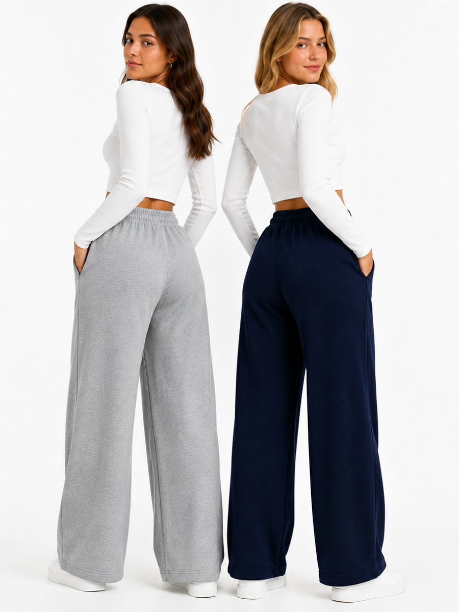 PACK X2 PANTALONES PALAZZO DE FRANELA PARA MUJER ESTILO CASUAL ANCHO GRIS Y AZUL - 2