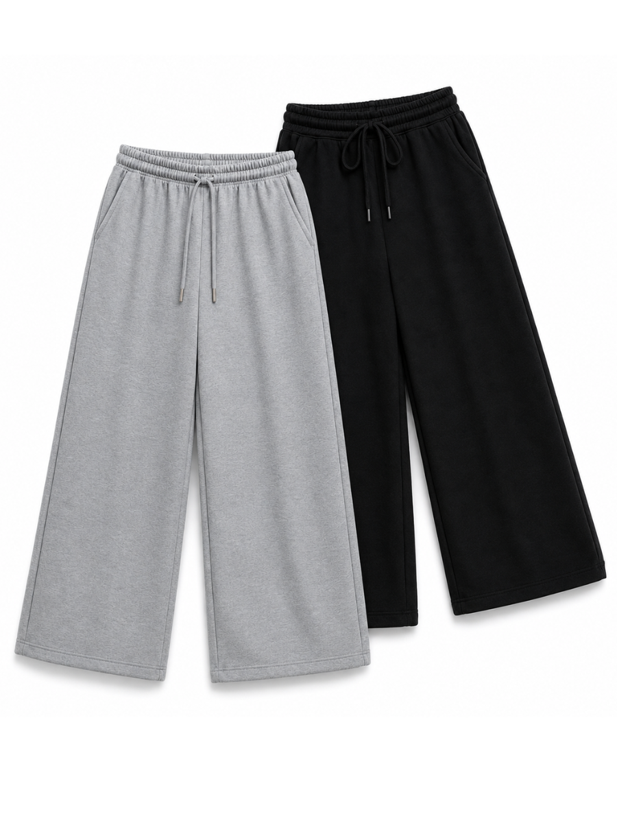 PACK X2 PANTALONES PALAZZO DE FRANELA PARA MUJER ESTILO CASUAL ANCHO GRIS Y NEGRO - 1