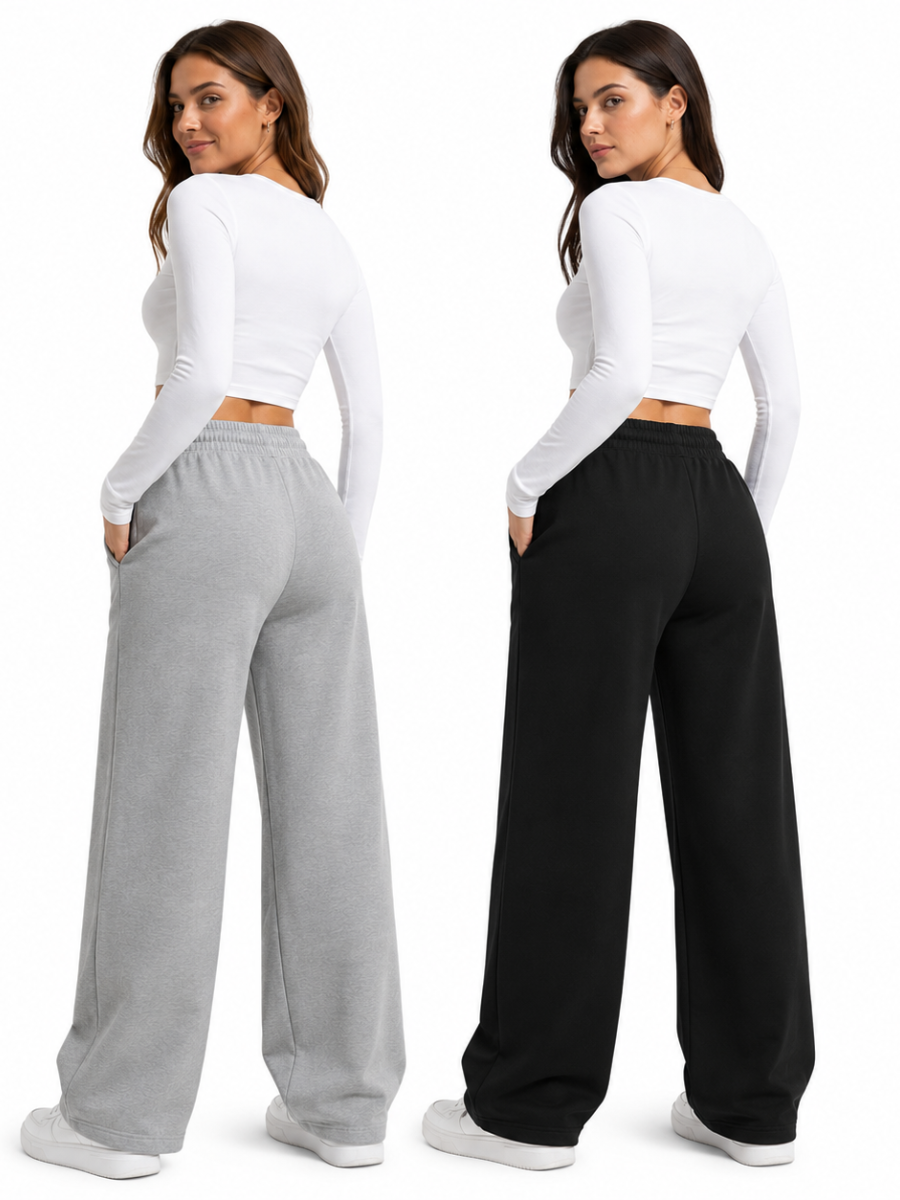 PACK X2 PANTALONES PALAZZO DE FRANELA PARA MUJER ESTILO CASUAL ANCHO GRIS Y NEGRO - 2
