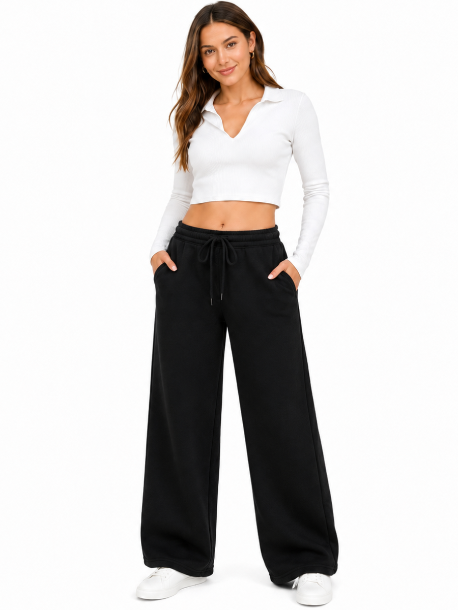 PACK X2 PANTALONES PALAZZO DE FRANELA PARA MUJER ESTILO CASUAL ANCHO GRIS Y NEGRO - 5