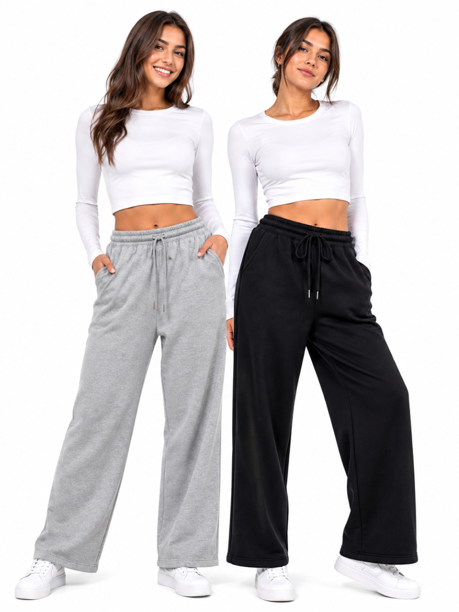 PACK X2 PANTALONES PALAZZO DE FRANELA PARA MUJER ESTILO CASUAL ANCHO GRIS Y NEGRO - 7