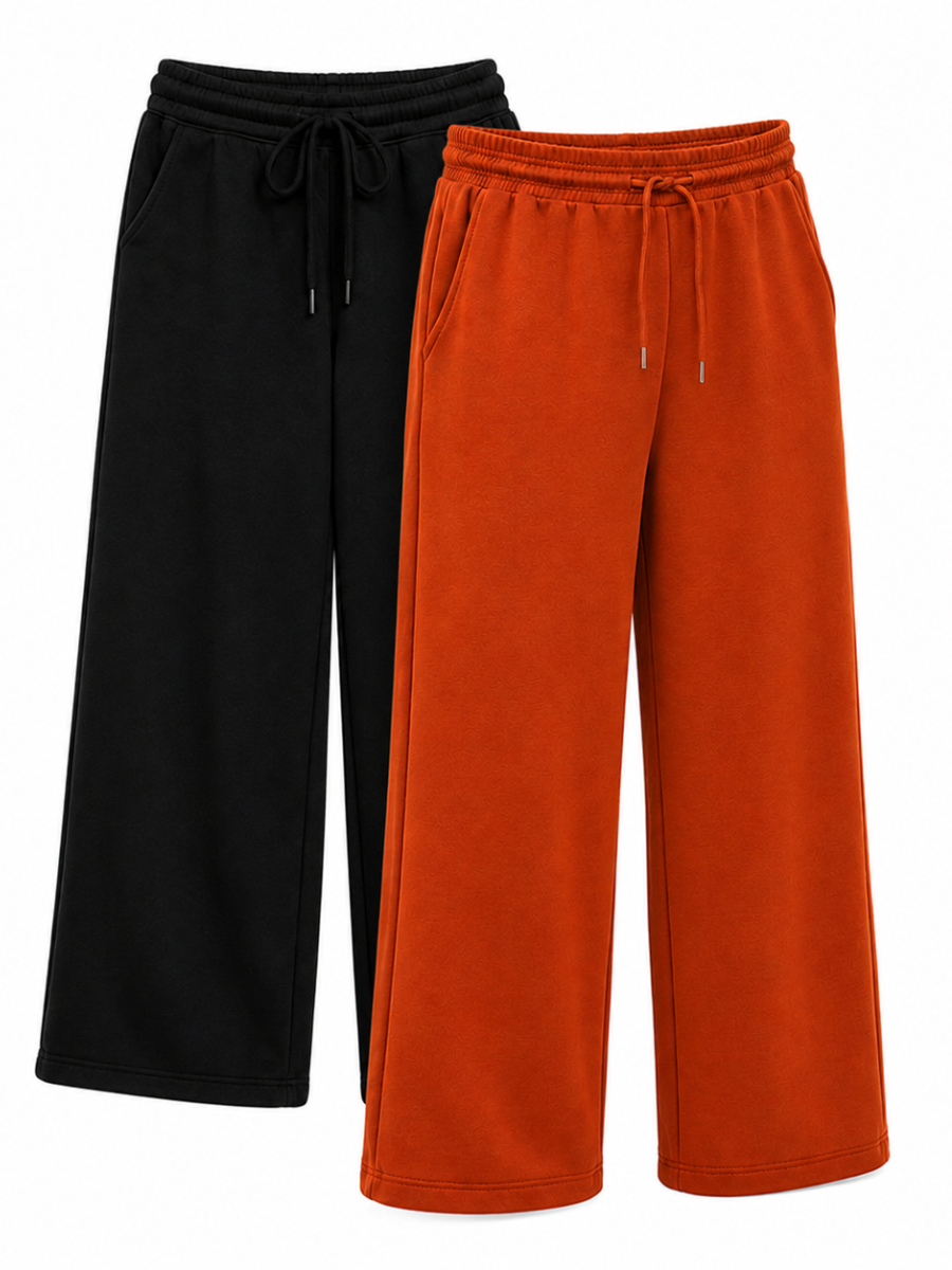 PACK X2 PANTALONES PALAZZO DE FRANELA PARA MUJER ESTILO CASUAL ANCHO NEGRO Y LACRE - 1