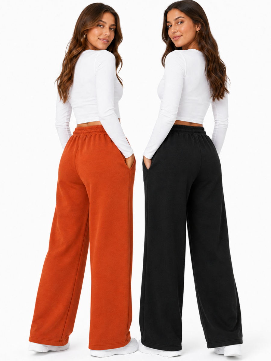 PACK X2 PANTALONES PALAZZO DE FRANELA PARA MUJER ESTILO CASUAL ANCHO NEGRO Y LACRE - 2