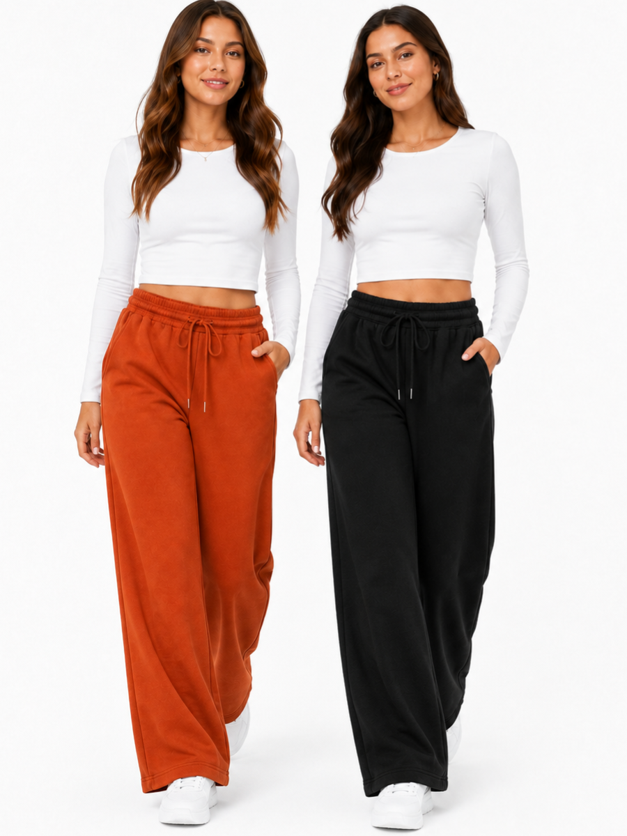 PACK X2 PANTALONES PALAZZO DE FRANELA PARA MUJER ESTILO CASUAL ANCHO NEGRO Y LACRE - 4