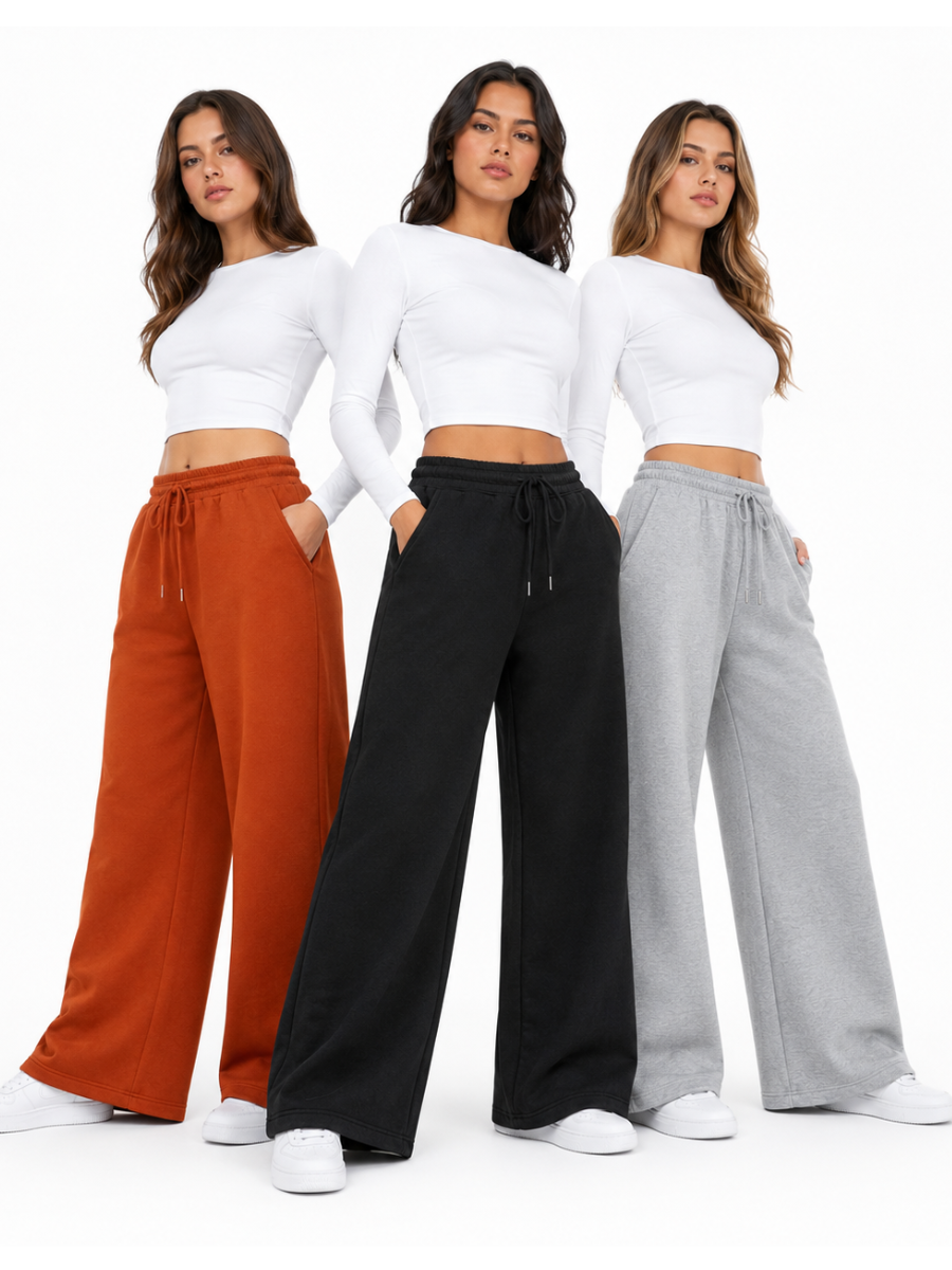 PACK X3 PANTALONES PALAZZO DE FRANELA PARA MUJER ESTILO CASUAL ANCHO NEGRO LACRE Y GRIS - 1