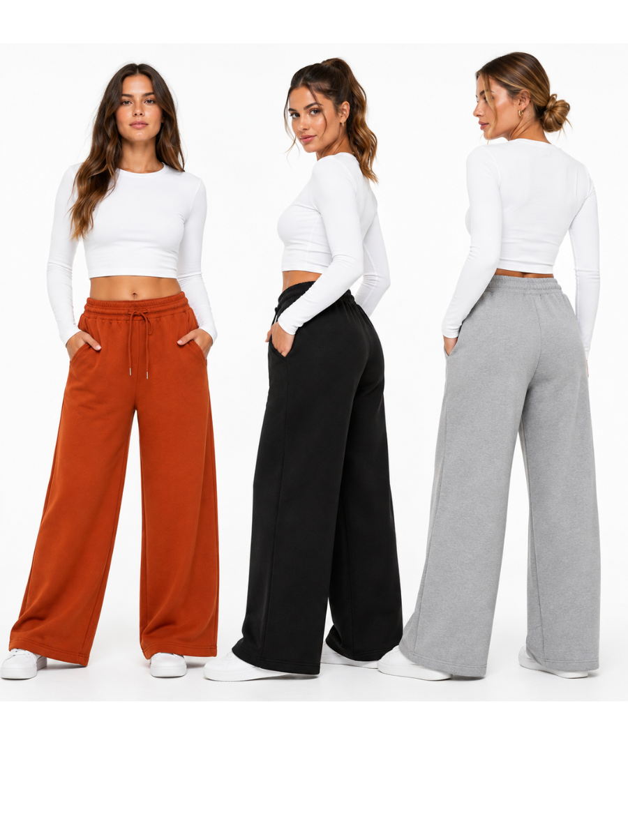 PACK X3 PANTALONES PALAZZO DE FRANELA PARA MUJER ESTILO CASUAL ANCHO NEGRO LACRE Y GRIS - 2