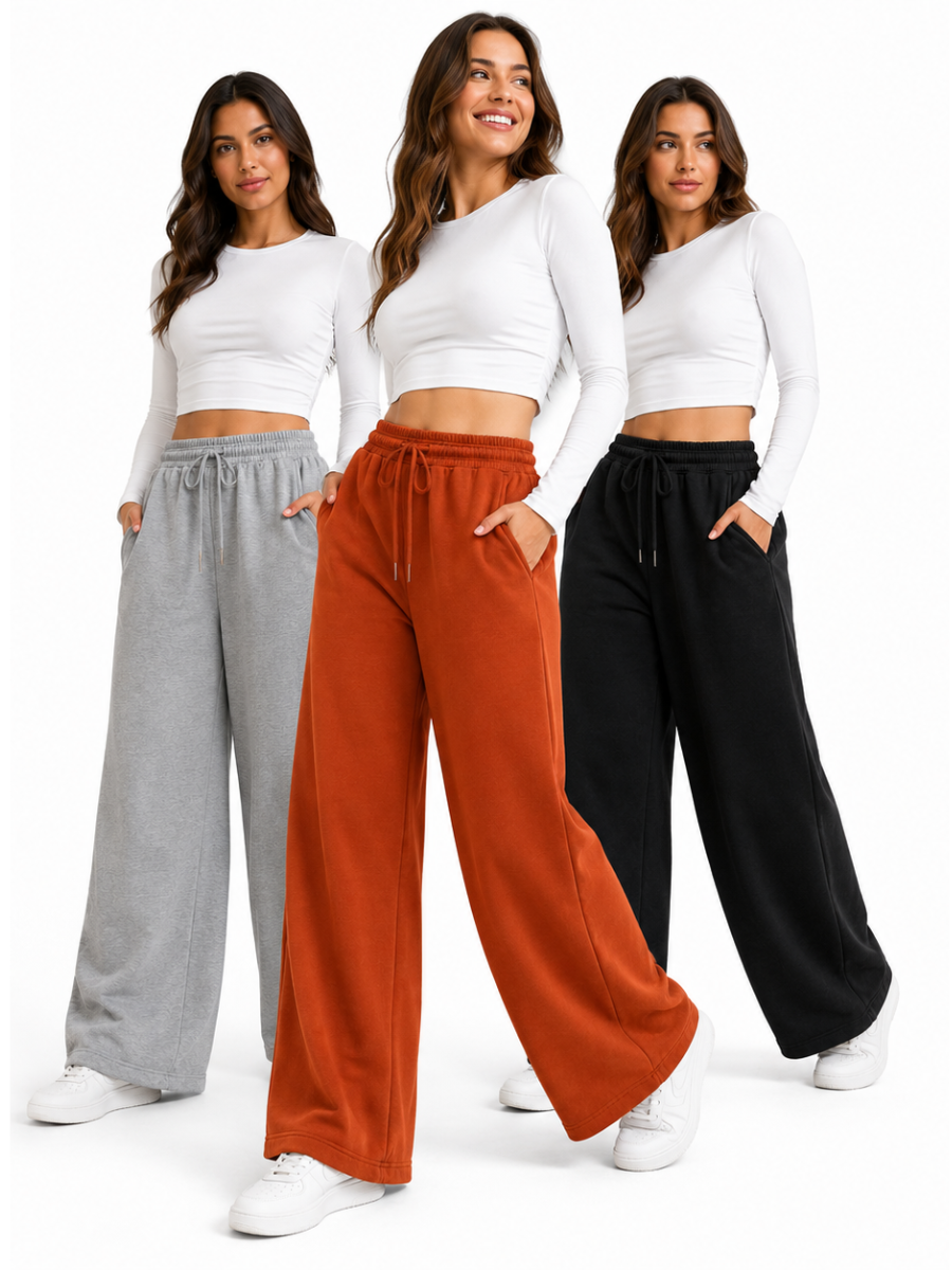 PACK X3 PANTALONES PALAZZO DE FRANELA PARA MUJER ESTILO CASUAL ANCHO NEGRO LACRE Y GRIS - 5