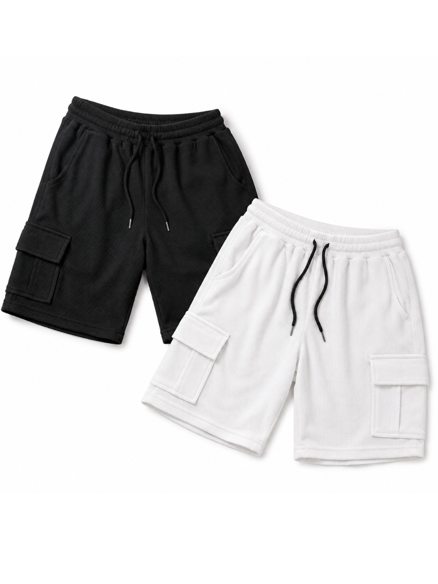 PACK DE 2 SHORTS CARGO PARA HOMBRE EN TELA WAFFLE DISEÑO CASUAL BLANCO Y NEGRO - 1