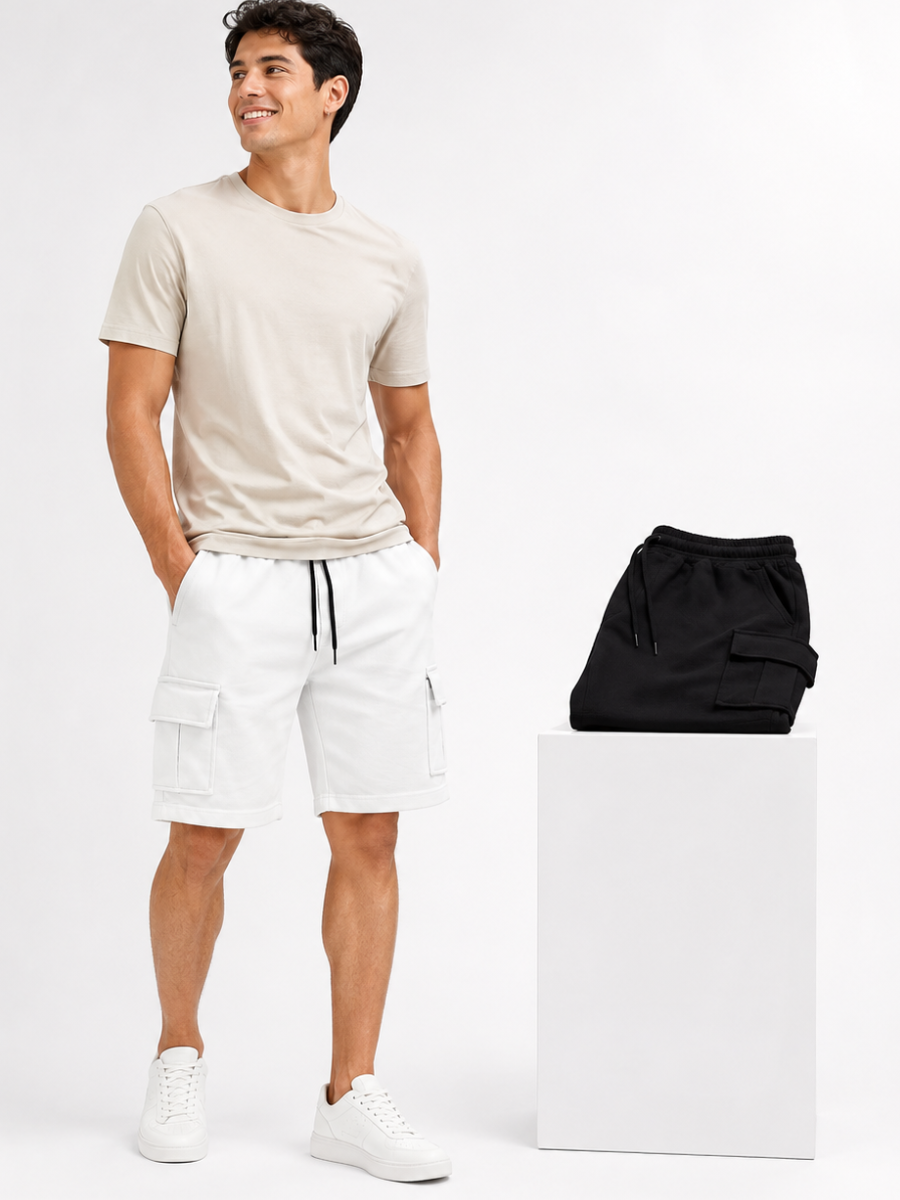 PACK DE 2 SHORTS CARGO PARA HOMBRE EN TELA WAFFLE DISEÑO CASUAL BLANCO Y NEGRO - 2
