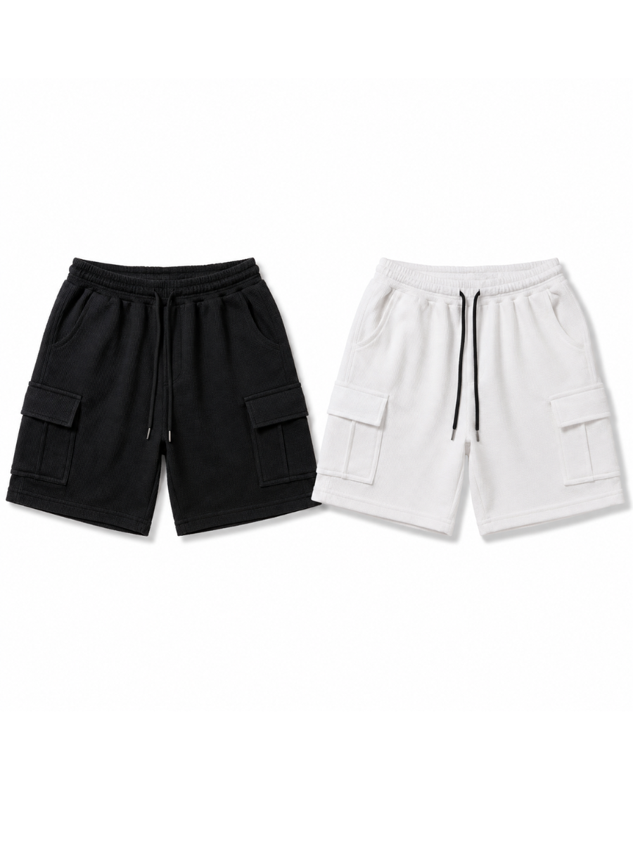PACK DE 2 SHORTS CARGO PARA HOMBRE EN TELA WAFFLE DISEÑO CASUAL BLANCO Y NEGRO - 3