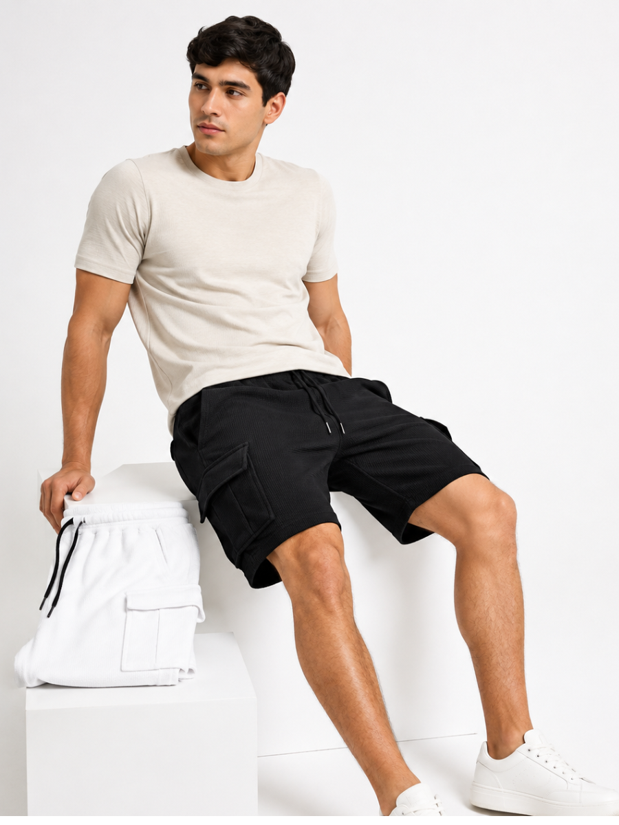 PACK DE 2 SHORTS CARGO PARA HOMBRE EN TELA WAFFLE DISEÑO CASUAL BLANCO Y NEGRO - 5