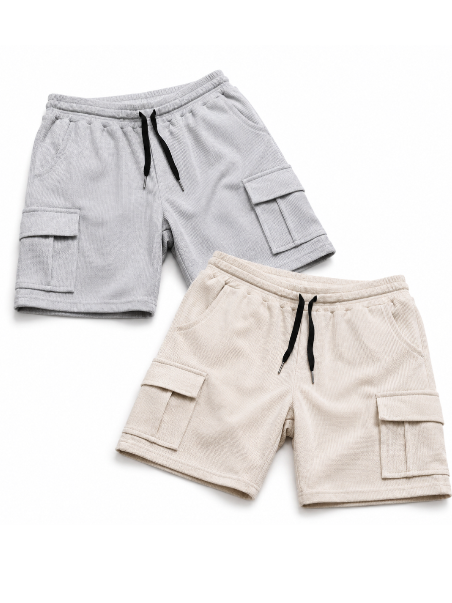 PACK DE 2 SHORTS CARGO TELA WAFFLE DISEÑO CASUAL BEIGE Y GRIS MELANGE - 1