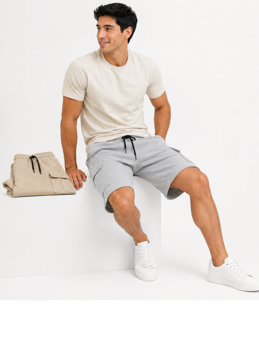 PACK DE 2 SHORTS CARGO TELA WAFFLE DISEÑO CASUAL BEIGE Y GRIS MELANGE - 6