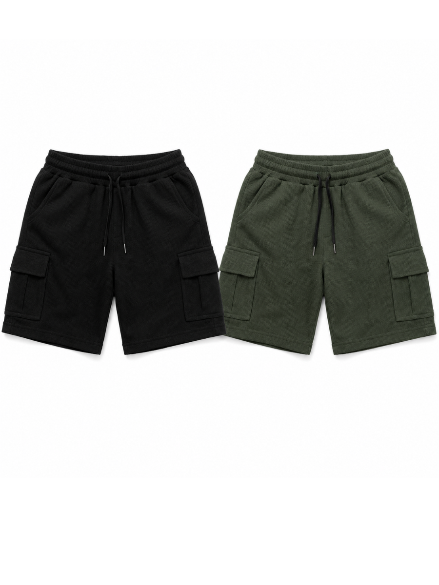 PACK DE 2 SHORTS CARGO HOMBRE EN TELA WAFFLE BERMUDAS CASUALES CON BOLSILLOS LATERALES MODA VERANO URBANA VERDE Y NEGRO - 1