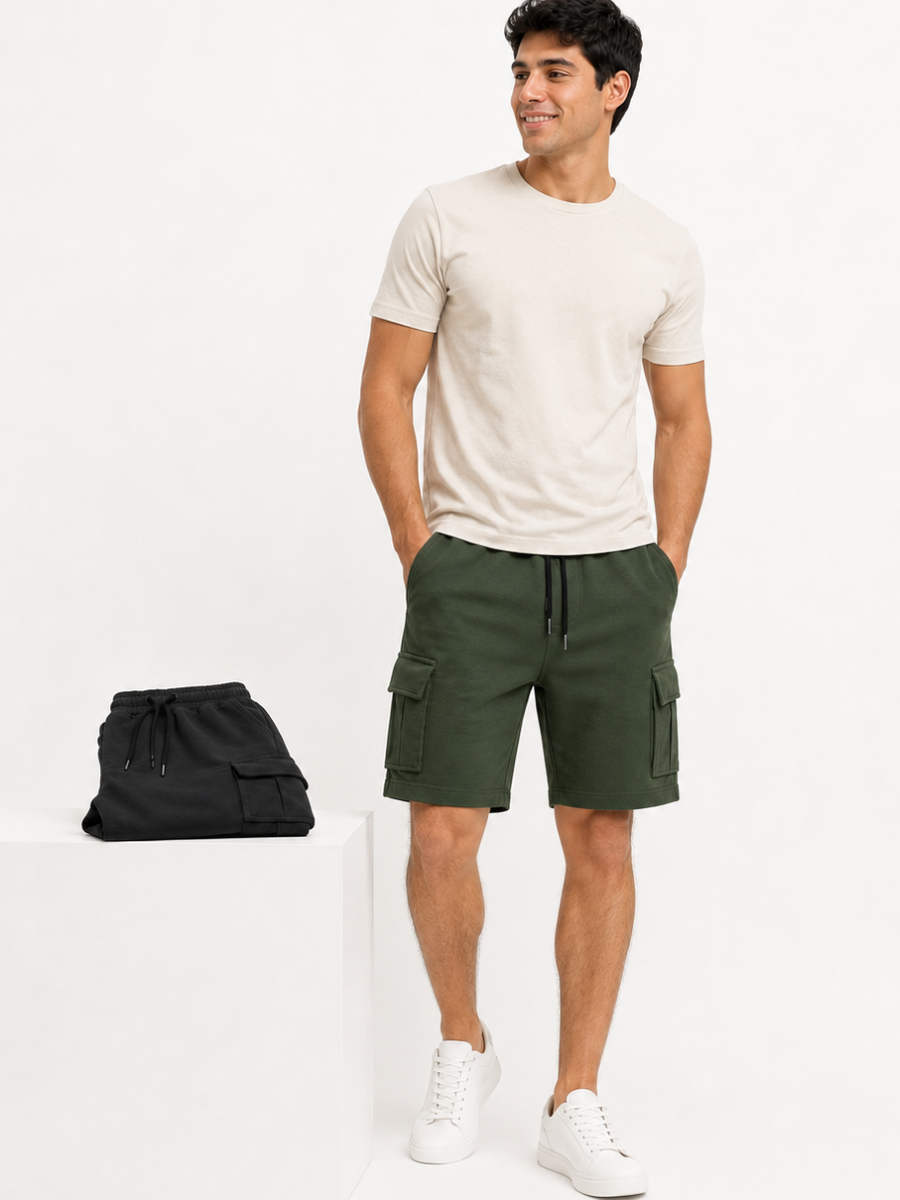 PACK DE 2 SHORTS CARGO HOMBRE EN TELA WAFFLE BERMUDAS CASUALES CON BOLSILLOS LATERALES MODA VERANO URBANA VERDE Y NEGRO - 2